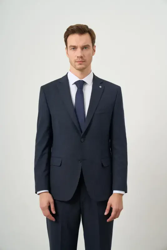 Modazone Men's Navy Blue Polyviscose Trendy Plaid Dynamic Fit Mono Collar Suit - 3