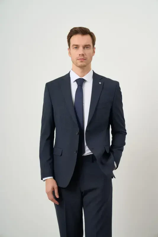 Modazone Men's Navy Blue Polyviscose Trendy Plaid Dynamic Fit Mono Collar Suit - 4