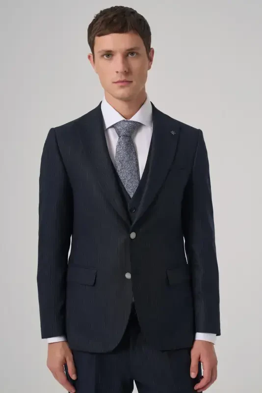 Modazone Men's Navy Blue Polyviscose Trendy Striped Slim Fit Pointed Collar Vest Suit - MORVEN