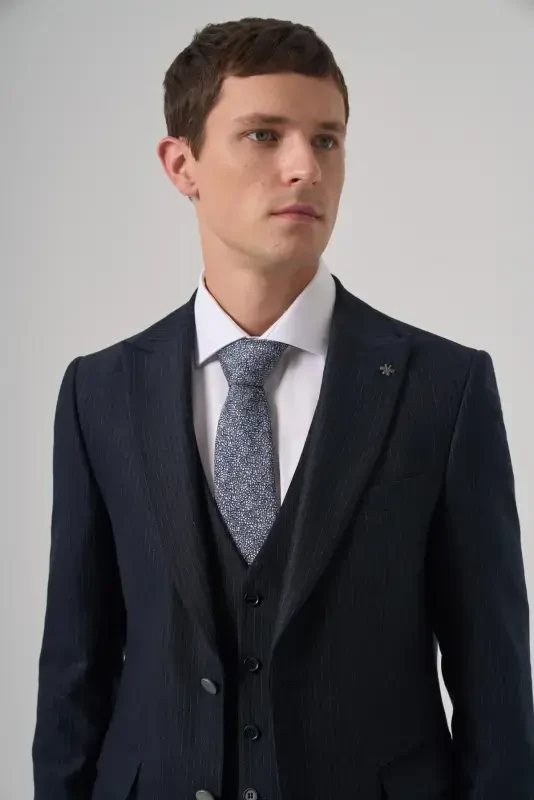 Modazone Men's Navy Blue Polyviscose Trendy Striped Slim Fit Pointed Collar Vest Suit - 2