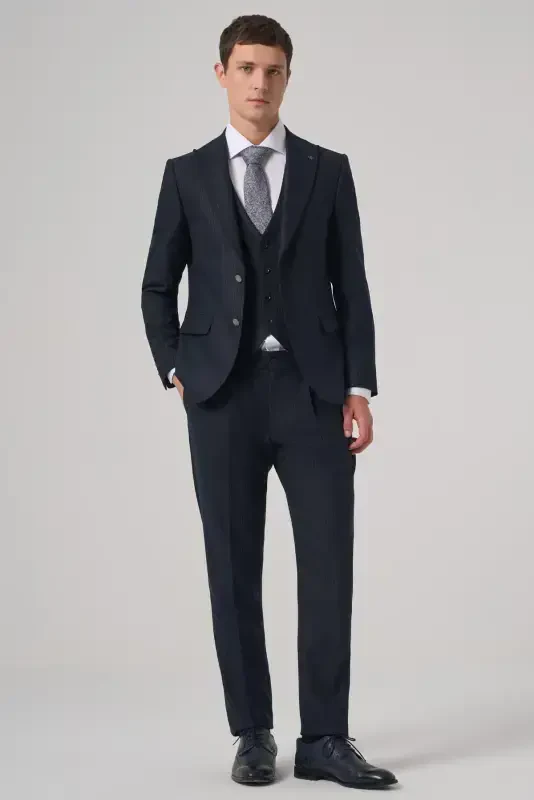 Modazone Men's Navy Blue Polyviscose Trendy Striped Slim Fit Pointed Collar Vest Suit - 3