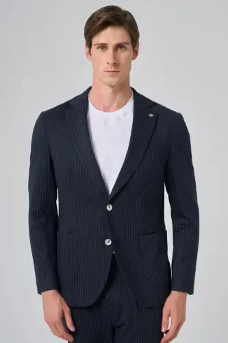 Modazone Men's Navy Blue Polyviscose Trendy Striped Slim Fit Single Collar Suit - 1