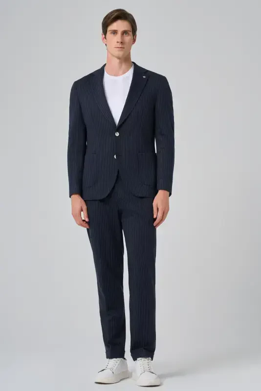 Modazone Men's Navy Blue Polyviscose Trendy Striped Slim Fit Single Collar Suit - 2
