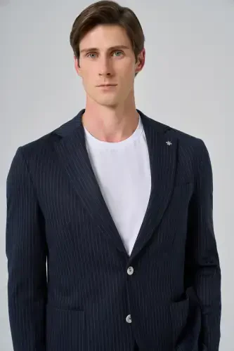 Modazone Men's Navy Blue Polyviscose Trendy Striped Slim Fit Single Collar Suit - 3