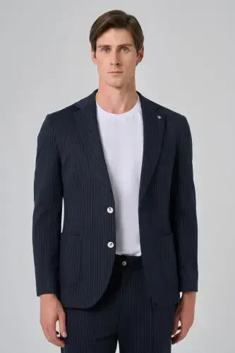 Modazone Men's Navy Blue Polyviscose Trendy Striped Slim Fit Single Collar Suit - 4