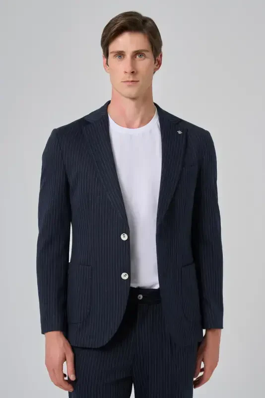 Modazone Men's Navy Blue Polyviscose Trendy Striped Slim Fit Single Collar Suit - 4