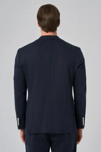 Modazone Men's Navy Blue Polyviscose Trendy Striped Slim Fit Single Collar Suit - 5