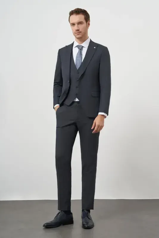 Modazone Men's Navy Blue Polyviscose Trendy Vest Patterned Slim Fit Pointed Collar Suit - 3