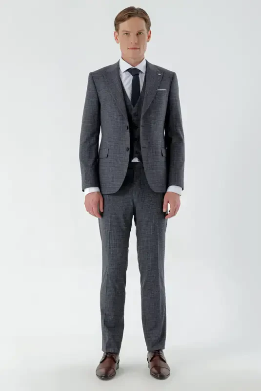 Modazone Men's Navy Blue Polyviscose Trendy Vest Plaid Slim Fit Pointed Collar Suit - MORVEN