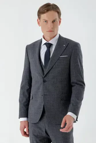 Modazone Men's Navy Blue Polyviscose Trendy Vest Plaid Slim Fit Pointed Collar Suit - 2