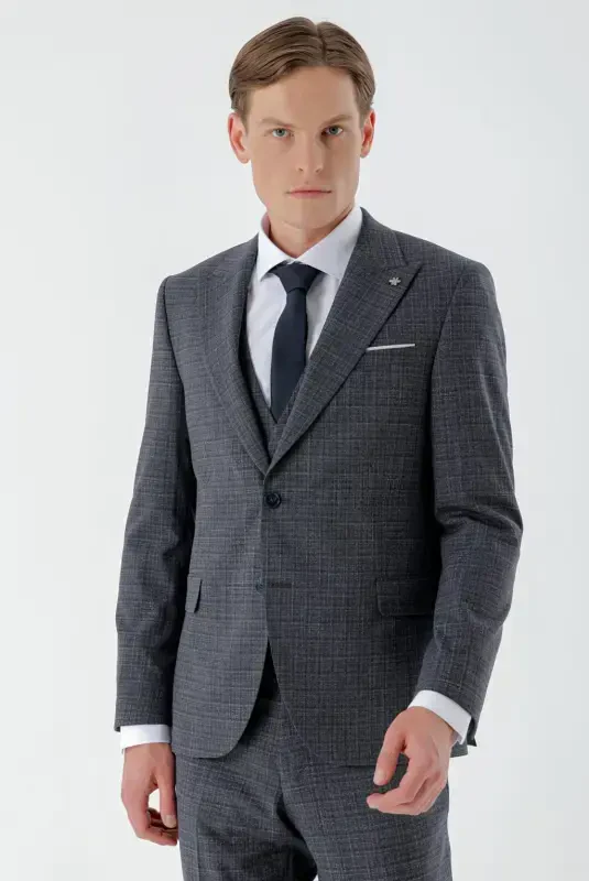 Modazone Men's Navy Blue Polyviscose Trendy Vest Plaid Slim Fit Pointed Collar Suit - 2