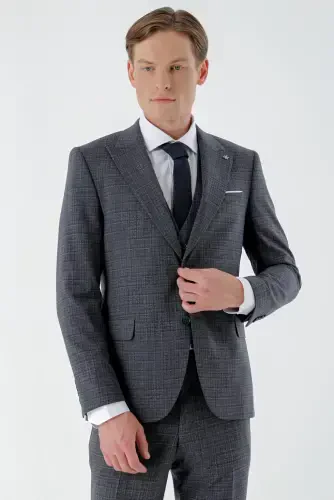 Modazone Men's Navy Blue Polyviscose Trendy Vest Plaid Slim Fit Pointed Collar Suit - 3