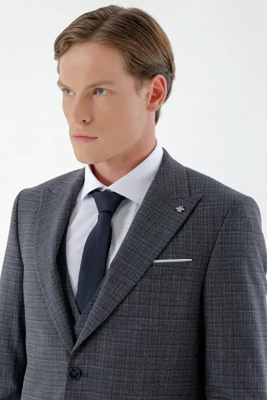 Modazone Men's Navy Blue Polyviscose Trendy Vest Plaid Slim Fit Pointed Collar Suit - 5