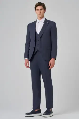 Modazone Men's Navy Blue Polyviscose Vested Trendy Patterned Slim Fit Pointed Collar Suit - MORVEN (1)