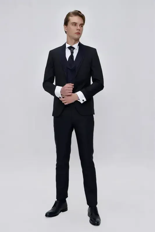 Modazone Men's Navy Blue Santos Detachable Collar Slim Fit Groom Suit - 1