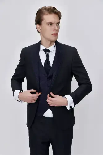 Modazone Men's Navy Blue Santos Detachable Collar Slim Fit Groom Suit - 4