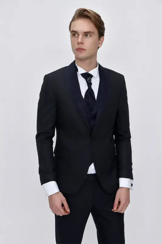 Modazone Men's Navy Blue Santos Detachable Collar Slim Fit Groom Suit - 6