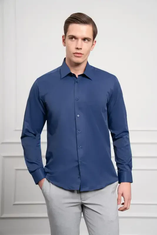 Modazone Men's Navy Blue Slim Fit Narrow Cut Stiff Sport Collar Shirt - 4