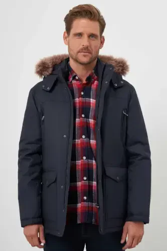 Modazone Men's Navy Blue Snap Fastener Hooded Dynamic Fit Relaxed Fit Jacket - 2