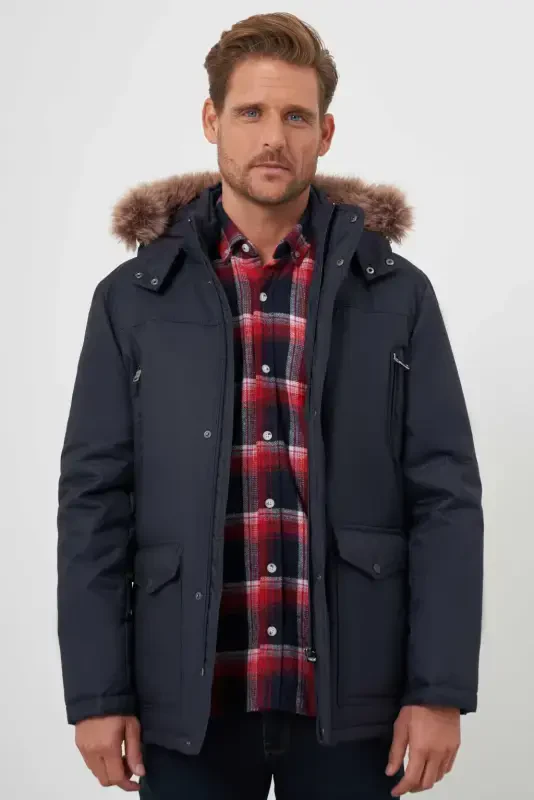 Modazone Men's Navy Blue Snap Fastener Hooded Dynamic Fit Relaxed Fit Jacket - 2