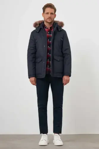 Modazone Men's Navy Blue Snap Fastener Hooded Dynamic Fit Relaxed Fit Jacket - 3