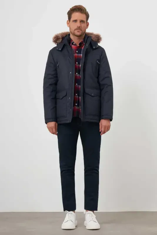 Modazone Men's Navy Blue Snap Fastener Hooded Dynamic Fit Relaxed Fit Jacket - 3