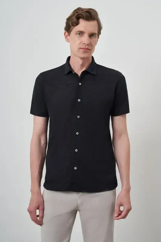 Modazone Men's Navy Blue Trend Apache Collar Short Sleeve Shirt - 1