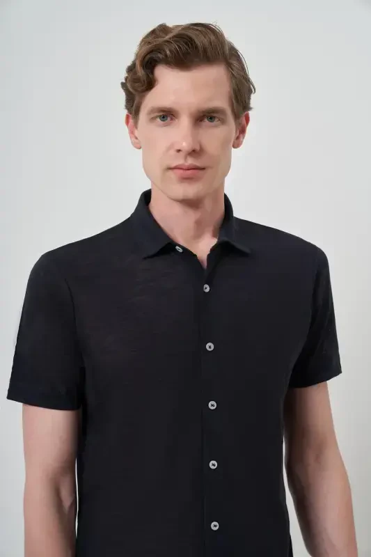 Modazone Men's Navy Blue Trend Apache Collar Short Sleeve Shirt - 3