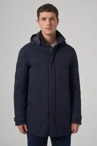 Modazone Men's Navy Blue Trend Detachable Hooded Collar Long Coat - 1