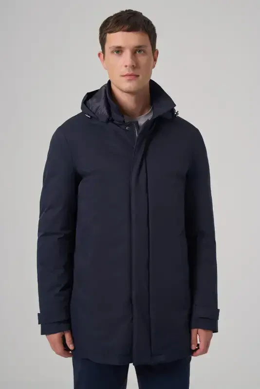 Modazone Men's Navy Blue Trend Detachable Hooded Collar Long Coat - MORVEN