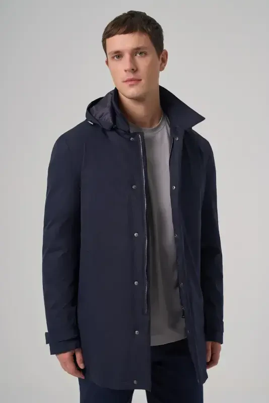 Modazone Men's Navy Blue Trend Detachable Hooded Collar Long Coat - 2
