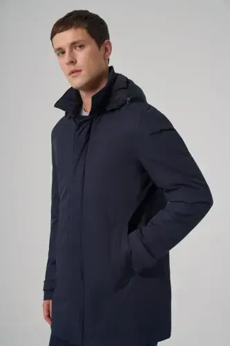 Modazone Men's Navy Blue Trend Detachable Hooded Collar Long Coat - 3