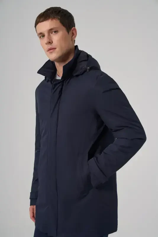 Modazone Men's Navy Blue Trend Detachable Hooded Collar Long Coat - 3