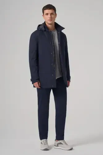 Modazone Men's Navy Blue Trend Detachable Hooded Collar Long Coat - 4