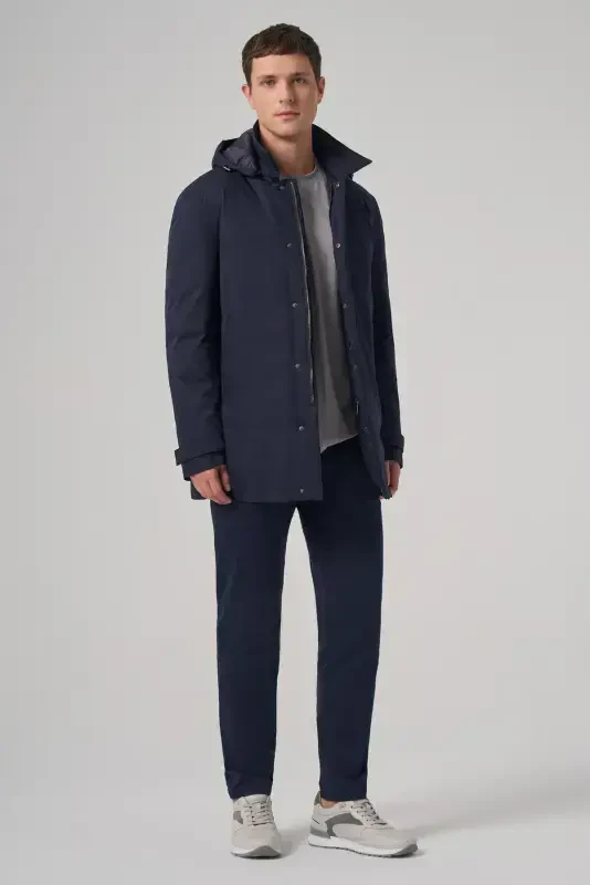 Modazone Men's Navy Blue Trend Detachable Hooded Collar Long Coat - 4
