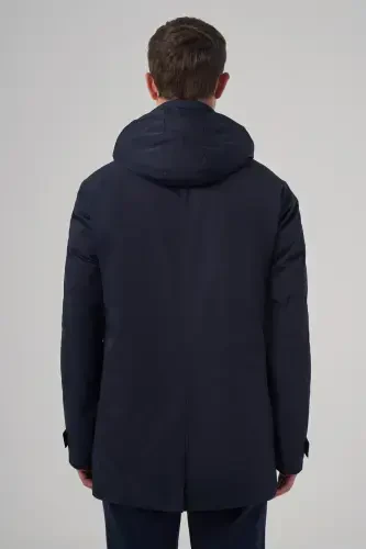 Modazone Men's Navy Blue Trend Detachable Hooded Collar Long Coat - 5