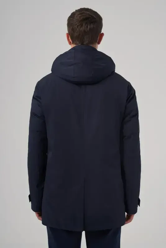 Modazone Men's Navy Blue Trend Detachable Hooded Collar Long Coat - 5