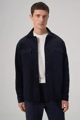 Modazone Men's Navy Blue Trend Double Pocket Velvet Shirt Jacket - 2