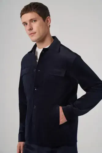 Modazone Men's Navy Blue Trend Double Pocket Velvet Shirt Jacket - 4