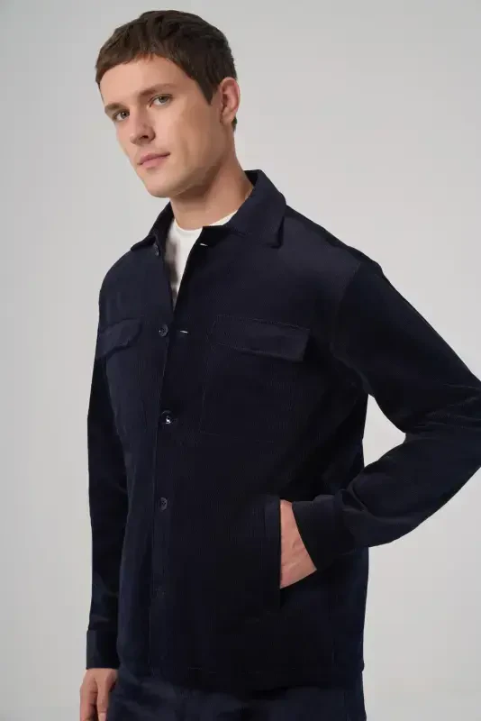 Modazone Men's Navy Blue Trend Double Pocket Velvet Shirt Jacket - 4