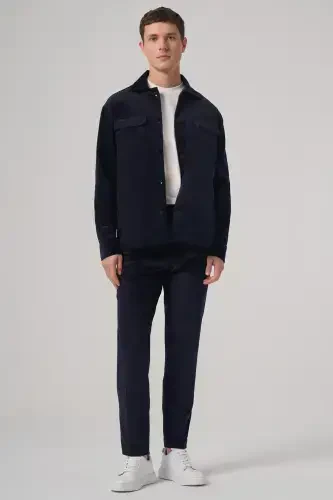 Modazone Men's Navy Blue Trend Double Pocket Velvet Shirt Jacket - 5