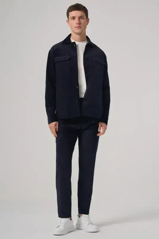 Modazone Men's Navy Blue Trend Double Pocket Velvet Shirt Jacket - 5