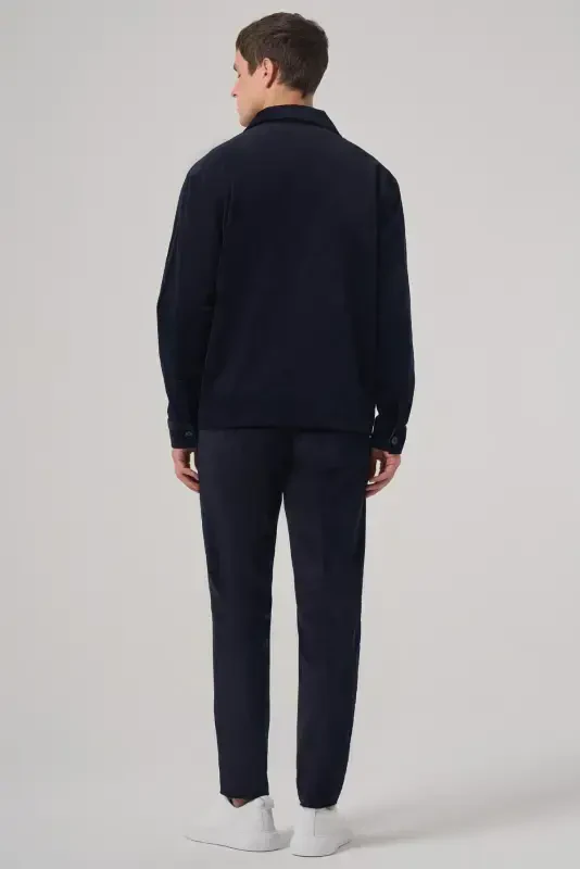 Modazone Men's Navy Blue Trend Double Pocket Velvet Shirt Jacket - 6