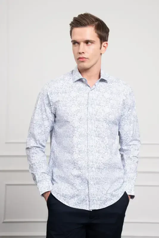 Modazone Men's Navy Blue Trend Dynamic Fit Italian Collar Shirt - 1