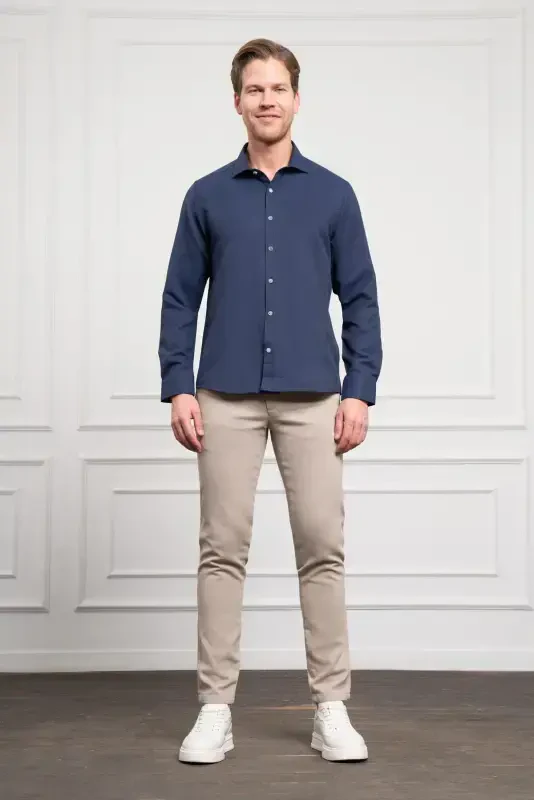 Modazone Men's Navy Blue Trend Italian Collar Slim Fit Shirt - 2