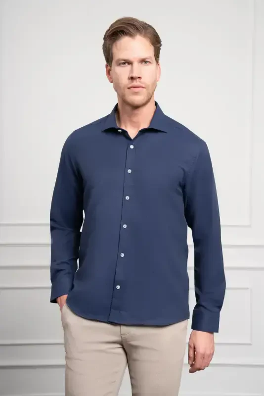 Modazone Men's Navy Blue Trend Italian Collar Slim Fit Shirt - 4