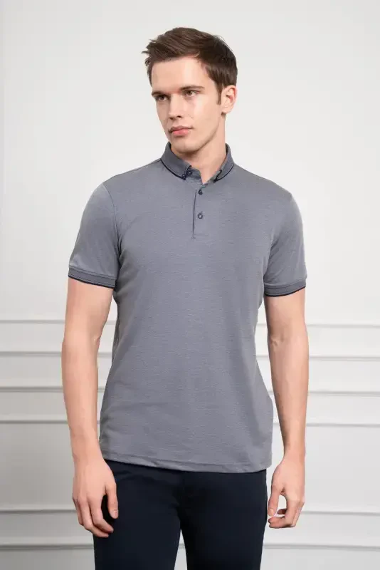 Modazone Men's Navy Blue Trend Mercerized Plain Buttoned Collar Dynamic Fit T-Shirt - 1