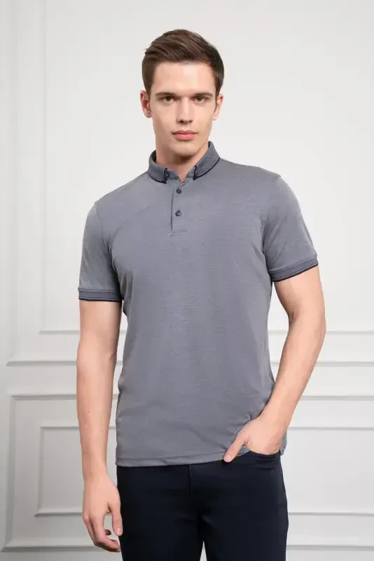Modazone Men's Navy Blue Trend Mercerized Plain Buttoned Collar Dynamic Fit T-Shirt - 3