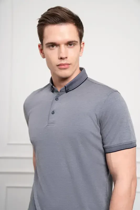 Modazone Men's Navy Blue Trend Mercerized Plain Buttoned Collar Dynamic Fit T-Shirt - 4