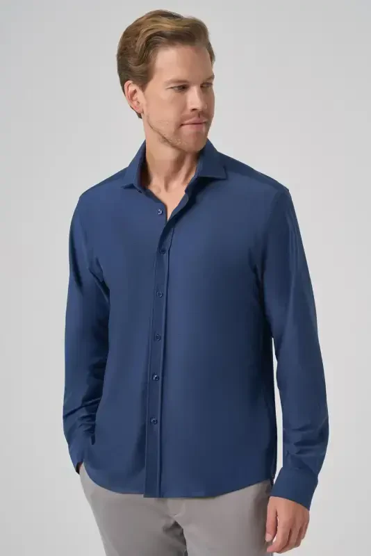 Modazone Men's Navy Blue Trend Plain Slim Fit Full Italian Collar Shirt - MORVEN